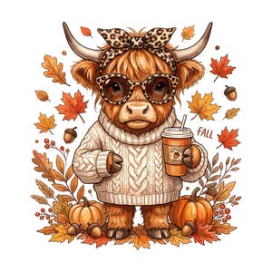 Può includere: Una soffice mucca Highland che indossa un maglione color crema a trecce, una fascia leopardata e occhiali da sole abbinati. Tiene in mano una tazza di caffè con l'etichetta Autumn Brew. L'illustrazione include zucche arancioni, ghiande e foglie autunnali.