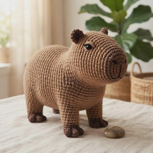 May include: A brown crocheted capybara stuffed animal with a textured yarn surface, small dark ears, black plastic eyes, and a stitched nose detail. The figure stands on four short legs with darker brown yarn accents on the feet, accompanied by a smooth stone.