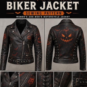 Könnte beinhalten: Ein Schnittmuster für eine schwarze Leder-Bikerjacke mit orangefarbenen Kürbis- und Fledermausmotiven. Die Jacke verfügt über einen Reverskragen, Reißverschlusstaschen, seitliche Schnürungen, Ärmelreißverschlüsse und einen Gürtel mit Schnalle.
