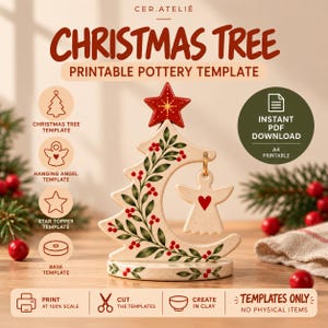 May include: A ceramic Christmas tree pottery template featuring a red star topper, green leaf and red berry painted details, and a hanging angel ornament with a red heart. Text includes CER.ATELIÉ, CHRISTMAS TREE, PRINTABLE POTTERY TEMPLATE, and INSTANT PDF DOWNLOAD.