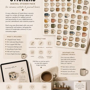May include: A digital sticker pack titled CER.ATELIÊ CERAMIC MUG STICKERS featuring over 45 hand-drawn illustrations of ceramic mugs in various colors, textures, and patterns. The pack includes pre-cropped PNG files with transparent backgrounds for digital planners, journals, and creative projects, compatible with apps like GoodNotes, Notability, and Noteshelf.