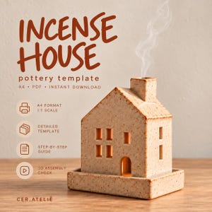 Puede incluir: Un quemador de incienso de cerámica beige moteada con forma de casa y una chimenea que emite humo. El texto dice: INCENSE HOUSE pottery template, A4, PDF, INSTANT DOWNLOAD, A4 FORMAT 1:1 SCALE, DETAILED TEMPLATE, STEP-BY-STEP GUIDE, 3D ASSEMBLY CHECK, CER.ATELIÊ.