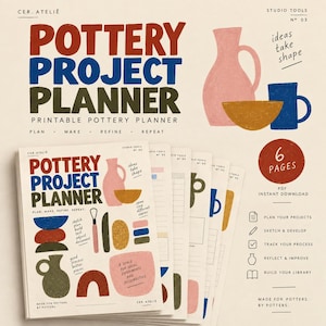 Puede incluir: Un planificador de proyectos de alfarería de seis páginas con ilustraciones de vasijas, cuencos y herramientas de cerámica. La portada muestra el texto Pottery Project Planner, Plan, Make, Refine, Repeat y Cer. Ateliê. Incluye iconos de seguimiento.