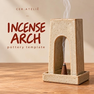 May include: A beige speckled ceramic incense burner with an arched opening and a square base. A lit brown incense cone sits inside the arch, emitting a thin trail of white smoke. The text CER.ATELIÊ INCENSE ARCH pottery template is visible.