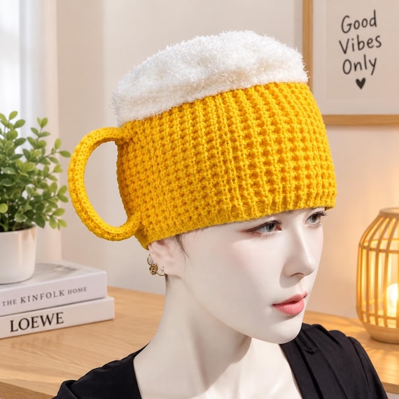 3D Beer Mug Knitted Cap – Funny Warm Winter Hat, Handmade Crochet Christmas Gift