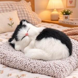 Könnte beinhalten: Ein Plüschtier in Form einer Katze mit schwarz-weißem Fell, dargestellt in einer Schlafposition mit geschlossenen Augen und einer kleinen rosa Nase. Die Katze hat ein weiches, strukturiertes Aussehen und liegt zusammengerollt auf einem dicken Stoff.