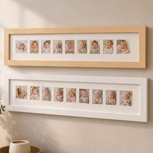 May include: Two long, rectangular wall frames with white matting, each displaying nine individual portrait photographs of infants. The top frame features a light wood finish, while the bottom frame has a clean white finish. Each photo shows a baby.