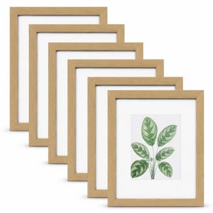 May include: A set of six rectangular picture frames with a light brown wood grain finish. Each frame features a white mount board border. The front-most frame contains a botanical illustration of a green leafy plant with white veins on a white background.