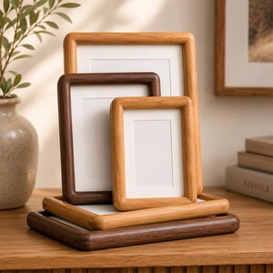 May include: A collection of five rectangular wooden picture frames in varying sizes and wood tones. Two frames are dark brown, and three frames are light oak. Each frame features a white mat board and a rounded, smooth edge profile.
