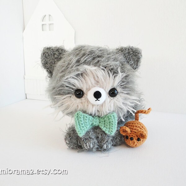 Kitty Cat Persian kitten kawaii amigurumi gray fuzzy collectibles and mouse - Ready to Ship