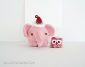 crochet Elephant amigurumi kawaii elephant petite size no. 43 Christmas edition with mini fuzzy owl - Ready to Ship