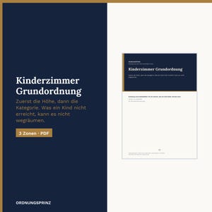 Könnte beinhalten: Ein digitales PDF-Dokument mit dem Titel Kinderzimmer Grundordnung auf dunkelblauem Hintergrund mit weißem Text. Das Dokument beschreibt ein Drei-Zonen-Ordnungssystem für Kinderzimmer und enthält Anleitungen sowie Arbeitsblätter.