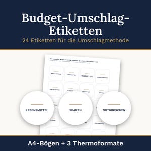 Può includere: Un foglio di 24 etichette quadrate per buste di budget con angoli arrotondati, con categorie in tedesco come Miete, Lebensmittel e Sparen. Le etichette sono disposte su un foglio A4, con tre esempi circolari in primo piano.