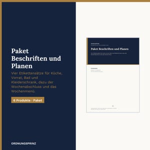 Puede incluir: Un documento digital titulado Paket Beschriften und Planen con fondo azul oscuro y texto blanco. Incluye cuatro juegos de etiquetas para cocina, despensa, baño y armario, además de hojas de planificación semanal, sumando seis productos en total.
