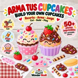 Puede incluir: Un kit de manualidades imprimible titulado ARMA TUS CUPCAKES BUILD YOUR OWN CUPCAKES con dos cupcakes ilustrados con caras, 50+ piezas imprimibles incluyendo fresas, cerezas, chispas y barquillos, con iconos para recortar, pegar y jugar.