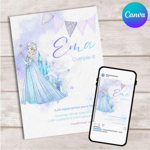 Puede incluir: Una tarjeta de invitación rectangular y un teléfono inteligente con el mismo diseño, que muestra un personaje en un vestido azul claro, un castillo, banderines morados y el texto Ema Cumple 8, Los esperamos para festejar, Domingo 30 de Marzo.