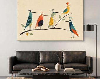 Väggkonst med fågelmotiv på canvas, nyckfullt fågeltryck med folkkonst, söt skandinavisk djurdekor, färgglad väggdekoration för barnkammaren