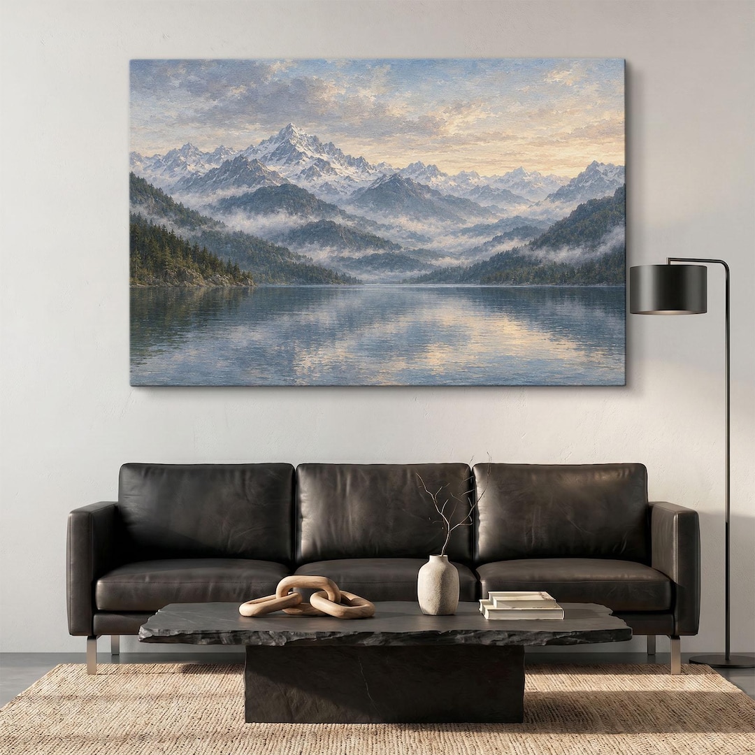 Misty Mountain Canvas Print, Scenic Alpine Lake Wall Art, Foggy Pine ...