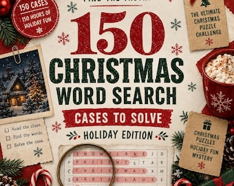 Enigmoku Kerstmis — 150 moordmysterie-woordzoekpuzzels | Feestelijk printbaar detectiveboek in PDF-formaat | 4 moeilijkheidsniveaus | Direct downloaden