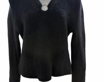 Vintage Black Angora Blend V-Neck Sweater Sequin Trim & Ring Detail Women's XL