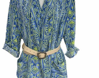 Kimono vintage Yours ASAP California pour femme, taille M, imprimé bleu et vert citron