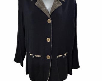 Vintage Women's K.D. Spring Blazer Jacket Size Small Black Beige Button Front