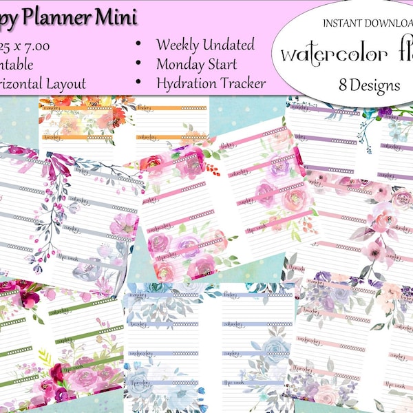 Happy Planner Mini - Watercolor Floral - 8 Designs  -  Weekly Horizontal - Undated - Hydration Tracker - Digital Download - Printable