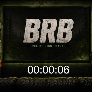 May include: A digital screen display featuring the text BRB I'LL BE RIGHT BACK in white, with a countdown timer showing 00:00:06. The scene includes framed gaming-themed artwork, a tactical helmet, a storage crate, and small character icons.