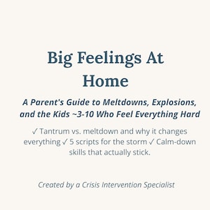 Op de afbeelding: Een boekomslag met de titel Big Feelings At Home: A Parent's Guide to Meltdowns, Explosions, and the Kids ~3-10 Who Feel Everything Hard. Het bevat onderwerpen zoals tantrum vs. meltdown, 5 scripts for the storm en calm-down skills.
