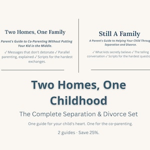 Könnte beinhalten: Ein Set aus zwei Informationsratgebern mit den Titeln Two Homes, One Family und Still A Family, inklusive Untertiteln zu Co-Parenting und Scheidung. Der Text enthält Aufzählungspunkte zu Themen wie Skripte für Gespräche und Kinderhilfe.