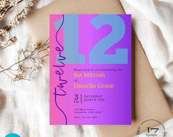 Customizable Bat Mitzvah Invitation | 12th Birthday | Easy to Edit Canva Template | Printable for Instant Download | Modern Clean Design