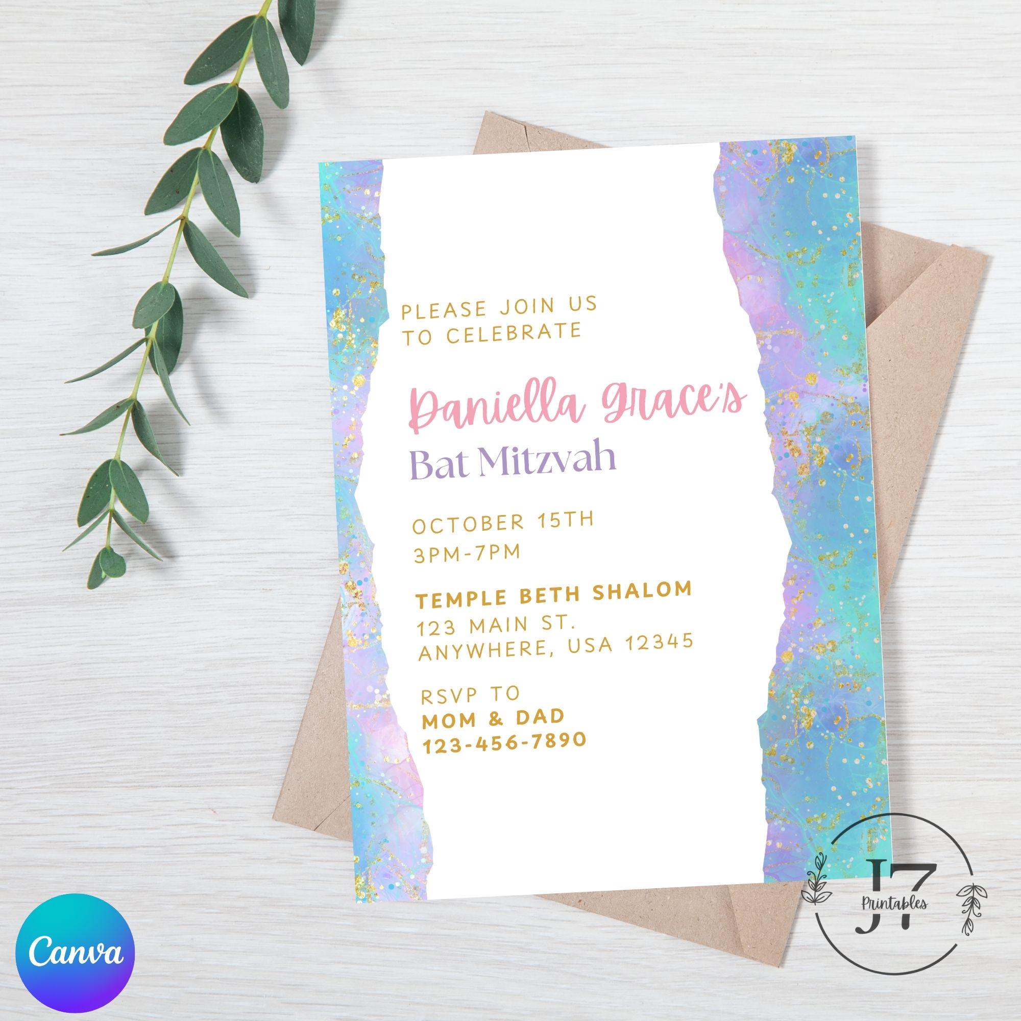 Customizable Bat Mitzvah Invitation | 12th Birthday | Easy to Edit Canva Template | Printable for Instant Download | Elegant Modern Design