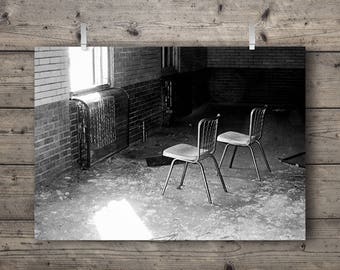 Chairs at Manteno State Hospital / Manteno, Illinois / Abandoned Asylum Black and White Photography Print / Mental Institution Architecture