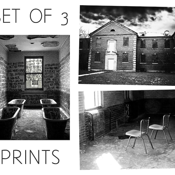 Abandoned Asylum Set of 3 Manteno State Hospital Illinois Photography Prints / Black & White Mental Institution Story Architecture Wall Art