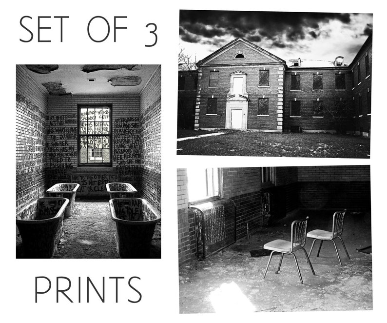 Abandoned Asylum Set of 3 Manteno State Hospital Illinois Photography Prints / Black & White Mental Institution Story Architecture Wall Art image 1