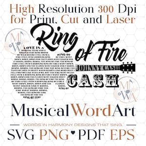 Puede incluir: Un diseño gráfico digital que presenta el texto Ring of Fire y Johnny Cash con una silueta de guitarra. La letra de la canción está dispuesta en forma circular. El diseño incluye el texto High Resolution 300 Dpi for Print, Cut and Laser, Musical WordArt y los formatos de archivo SVG, PNG, PDF, EPS.