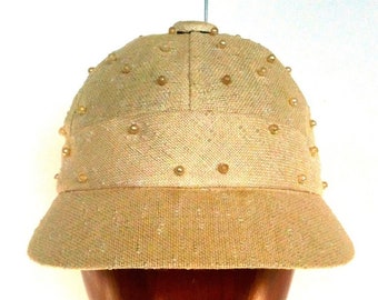 60s - The CHICEST Baseball Cap EVER - Linen adorned with Pearls.