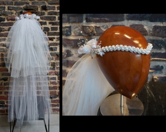 Exquisite Tiered Pearl and Tulle Bridal Veil and Headpiece, 5 layers of tulle