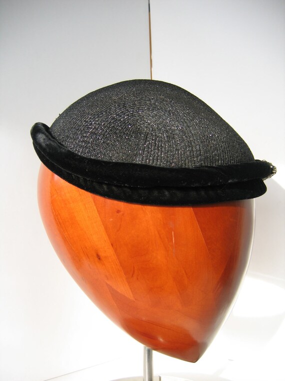 Elegant 50s Black Cocktail Cap/Hat, Straw with Ve… - image 4