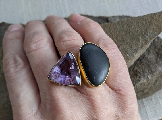 Amethyst Basalt Statement Ring: 22k Gold, Sterlin… - image 2