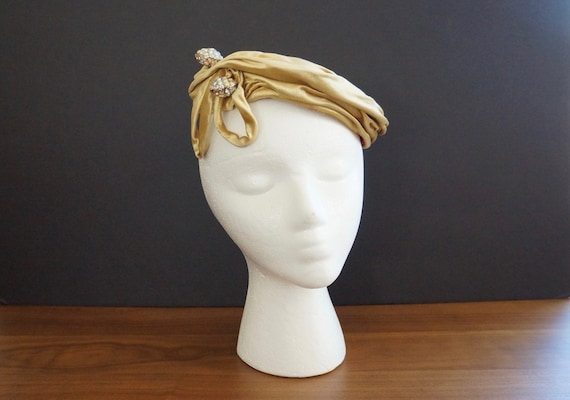 50s Gold Satin Velvet Cocktail Hat, Tilt Hat, Fasc