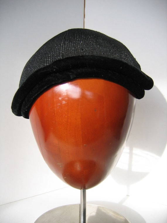 Elegant 50s Black Cocktail Cap/Hat, Straw with Ve… - image 3