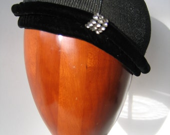 Vintage 50s Black Straw Cocktail Hat with Velvet & Rhinestone