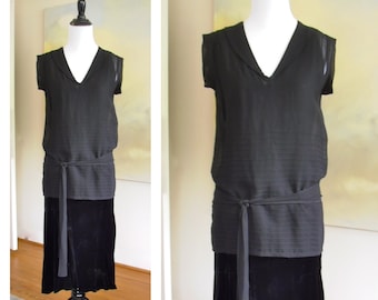 1920s Art Deco Black Chiffon Silk Velvet Flapper Dress
