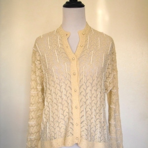 UNIQUE 1950&#39;s Creme Biege Open Knit Hand Beaded Cardigan Sweater