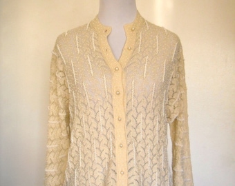UNIQUE 1950's Creme Biege Open Knit Hand Beaded Cardigan Sweater