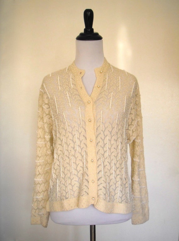 UNIQUE 1950's Creme Biege Open Knit Hand Beaded Ca