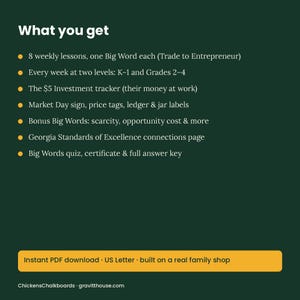 Puede incluir: Un documento educativo verde oscuro titulado What you get, que enumera ocho lecciones semanales, rastreadores de inversi&oacute;n, letreros de mercado, etiquetas de precios, registros, palabras extra, est&aacute;ndares de Georgia, un cuestionario y un certificado.