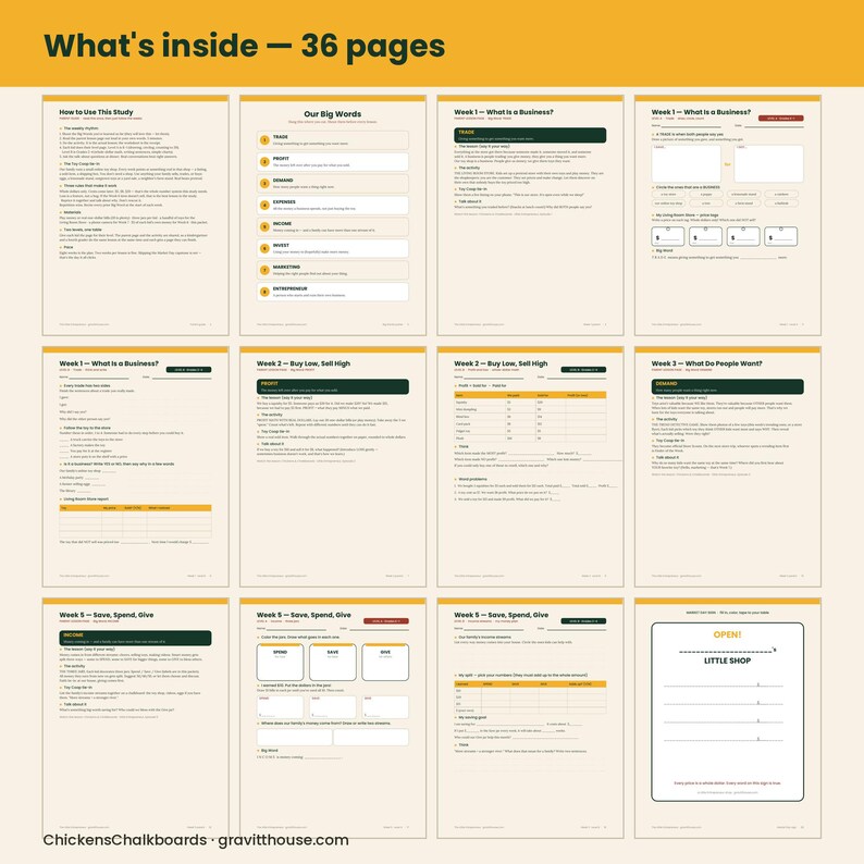May include: A 36-page educational study guide featuring business lessons for children. The pages include sections titled What's inside, Our Big Words, Week 1 - What is a Business, Week 2 - Buy Low, Sell High, Week 3 - What Do People Want, and Week 5 - Save, Spend, Give.