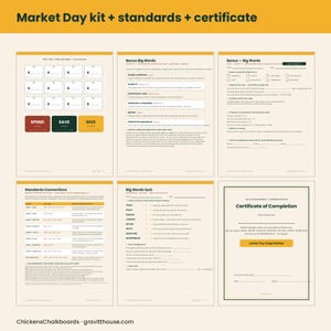 Puede incluir: Un kit educativo de seis p&aacute;ginas para el Market Day que incluye hojas de trabajo, listas de vocabulario y un certificado de finalizaci&oacute;n. Las p&aacute;ginas contienen etiquetas de precios, definiciones econ&oacute;micas y un cuestionario.